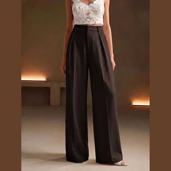 Pants - Espresso Brown Pleated Wide Leg High Waist Trouser Pants
